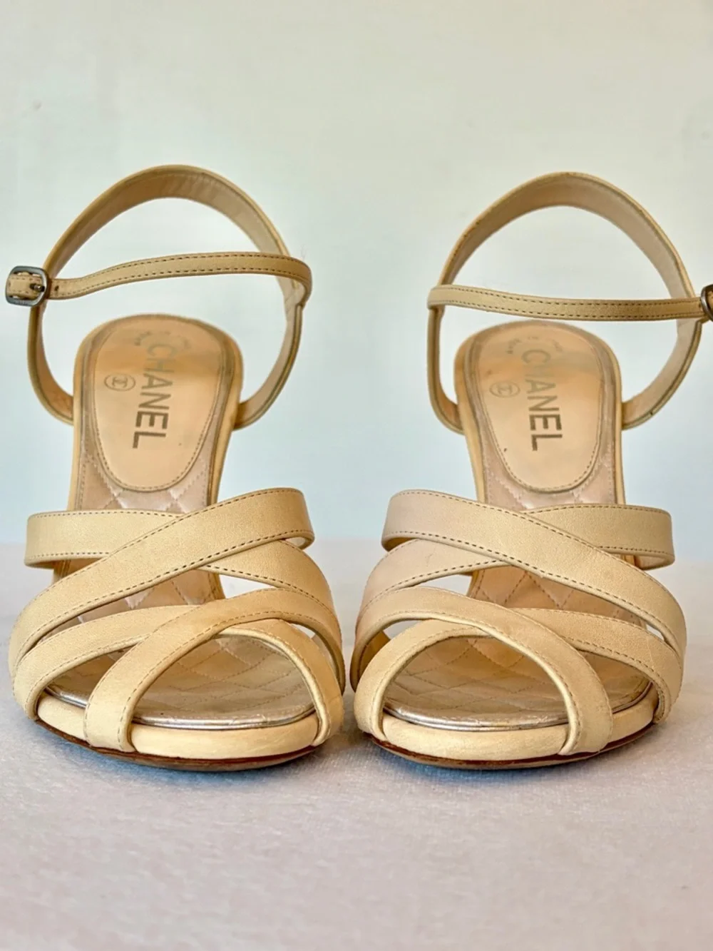 CHANEL Leather Strappy heels, Interlocking Strass CCs,quilted int, nude, 37, GUC
